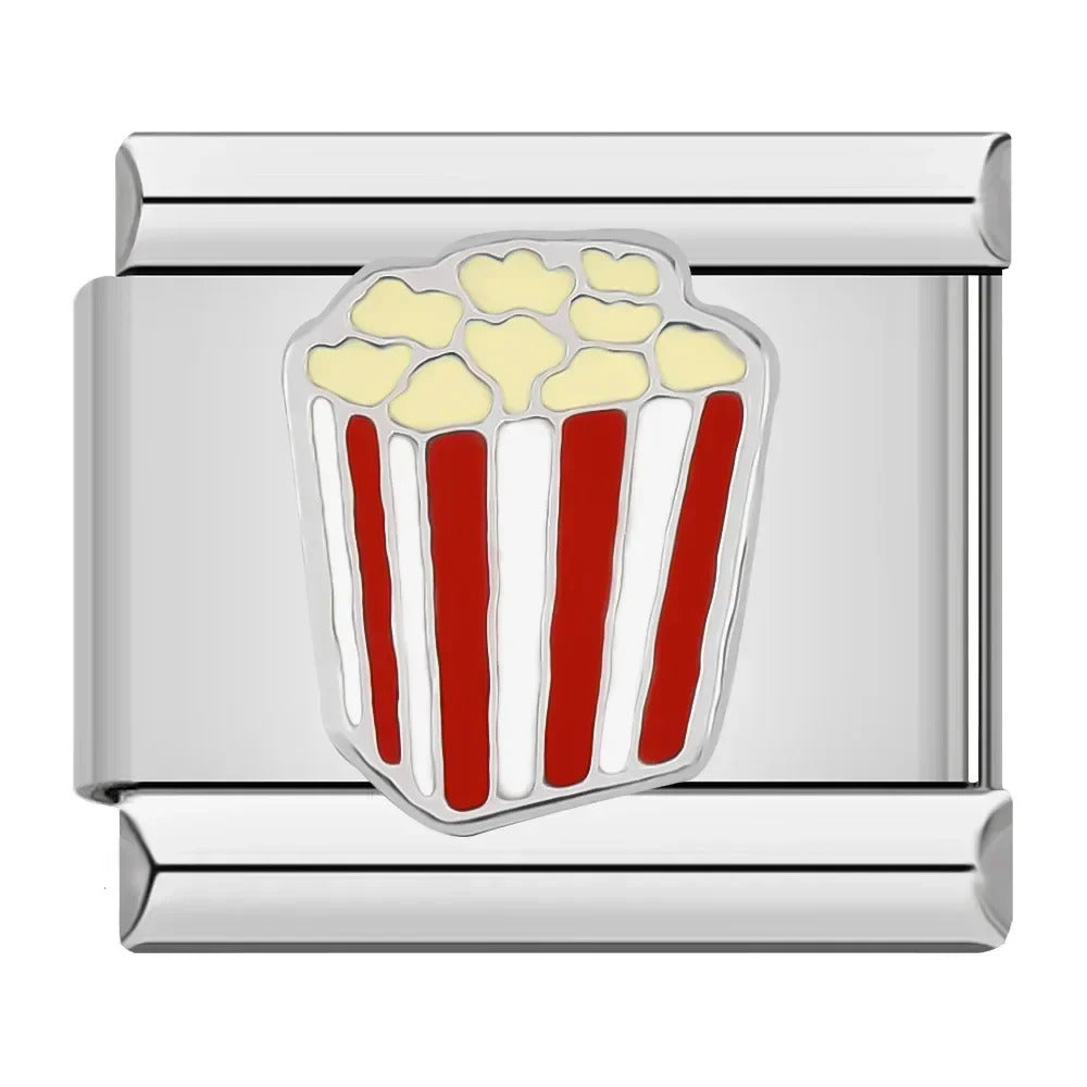 Customisable stainless steel charm bracelet from House Of Italian Charms – high-quality Italian link charms for personalized jewelry. Perfect for gifting or expressing your unique style. Popcorn.
