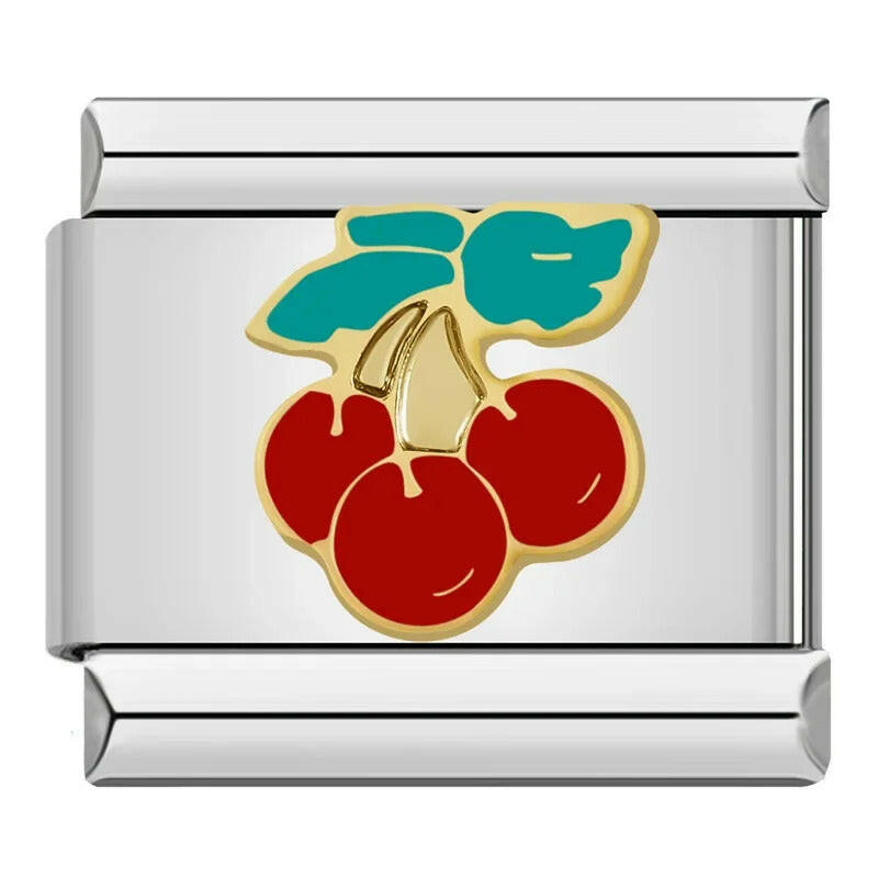 House of Italian charms. Customisable stainless steel charm bracelet from House Of Italian Charms – high-quality Italian link charms for personalized jewelry. Perfect for gifting or expressing your unique style. Cherries. Charms.