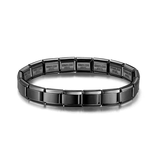 Customisable stainless steel charm bracelet from House Of Italian Charms – high-quality Italian link charms for personalized jewelry. Perfect for gifting or expressing your unique style. Black bracelet 