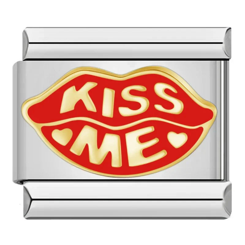 House of Italian charms. Customisable stainless steel charm bracelet from House Of Italian Charms – high-quality Italian link charms for personalized jewelry. Perfect for gifting or expressing your unique style. Kiss me charm 